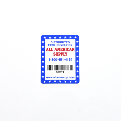 A rectangular sticker that's white with a blue star border for 'All American Supply' with a  barcode and ID number