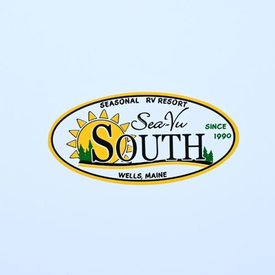 An oval sticker that is White with a black and yellow sun design that says 'Sea-Vu South'