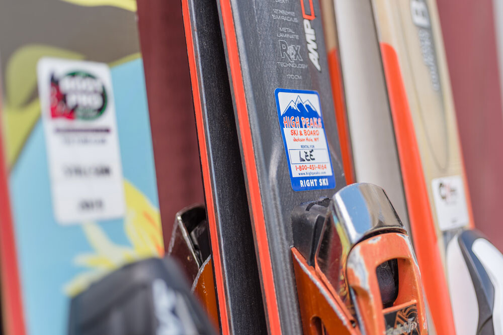 closeup of ski binding with sticker by leland company