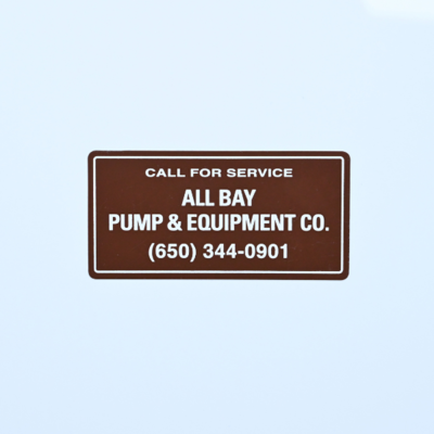 A brown with white text rectangular label that reads 'All Bay Pump & Equipment Co.'