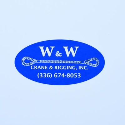 An oval sticker that is blue with white text that reads 'W&W Crane & Rigging, INC.'