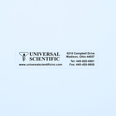 A thin white rectangular sticker that's all the contact information for a company called 'Universal Scientific'