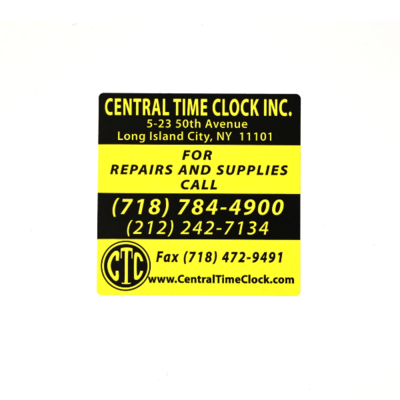 A yellow and black square sticker for 'Central Time Clock Inc.