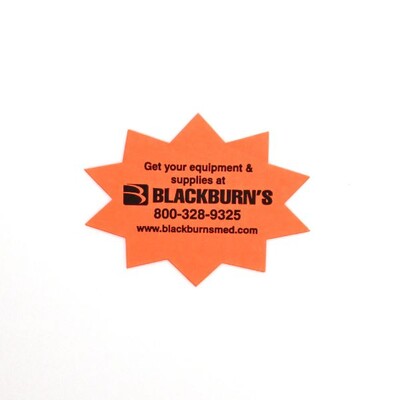 An orange starburst shaped sticker with the contact information for 'Blackburn's'