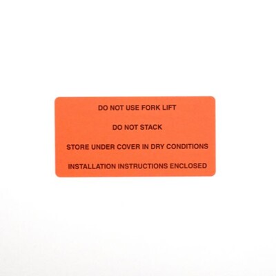 A orangish rectangular that reads 'Do not use forklift. Do not stack.' and two other warnings