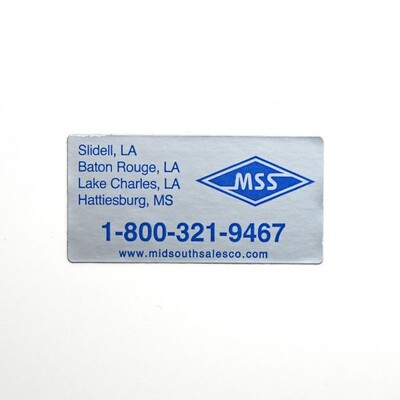 A silver rectangular with blue contact and location information for 'MSS'